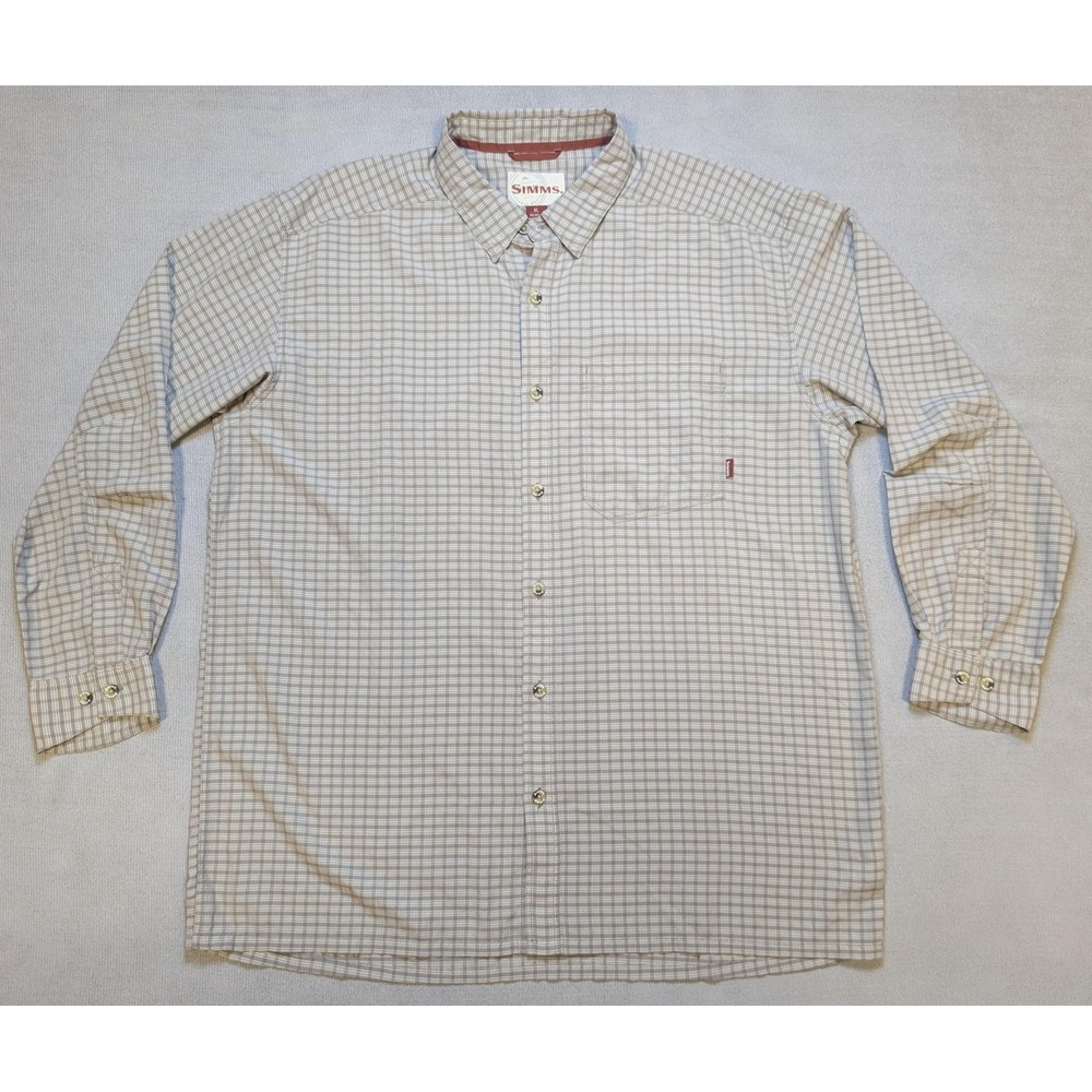 Simms Shirt Mens XL Brown Plaid Fishing Performance Button Long Sleeve Outdoors